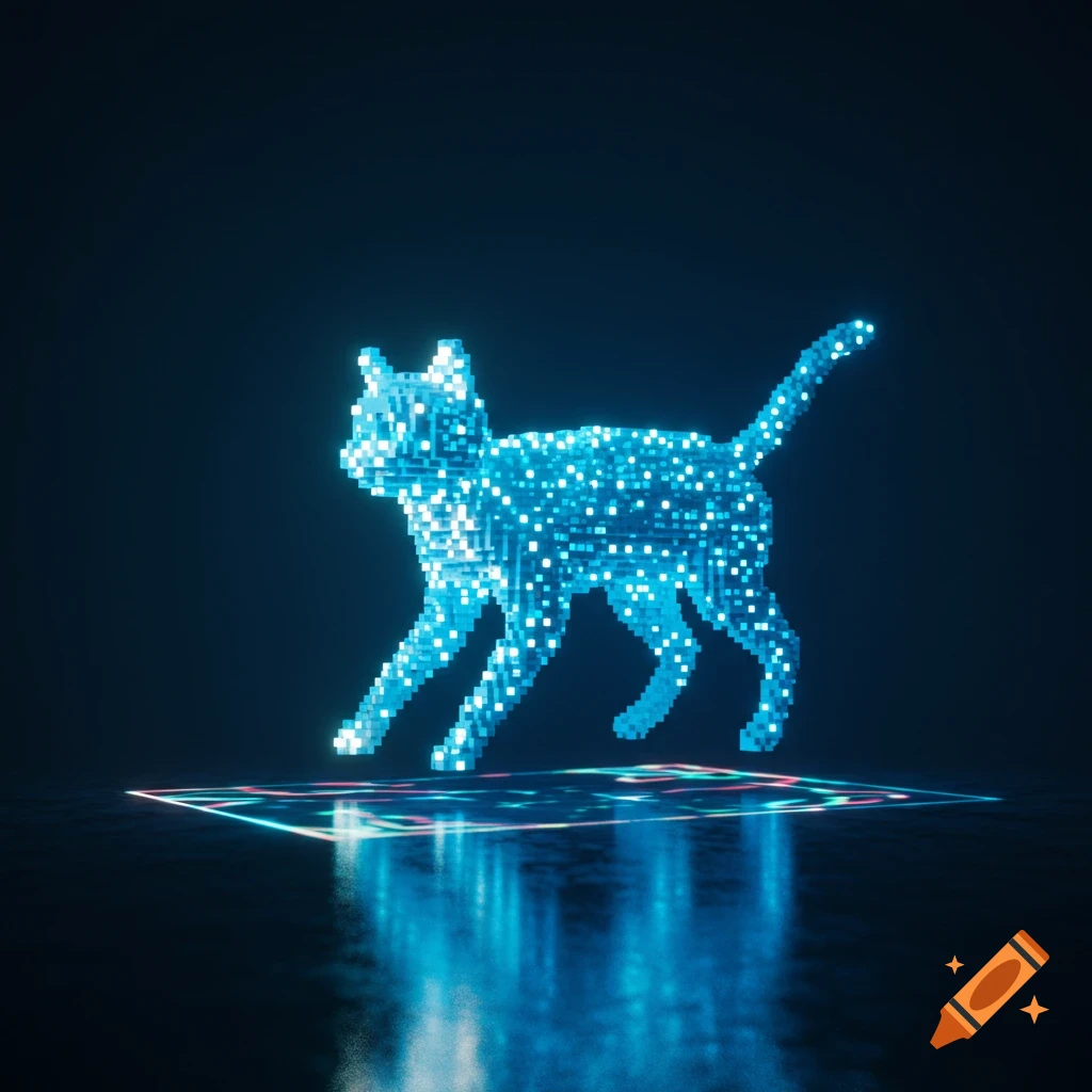 A glowing blue voxel cat stands on a reflective surface in a dark room.