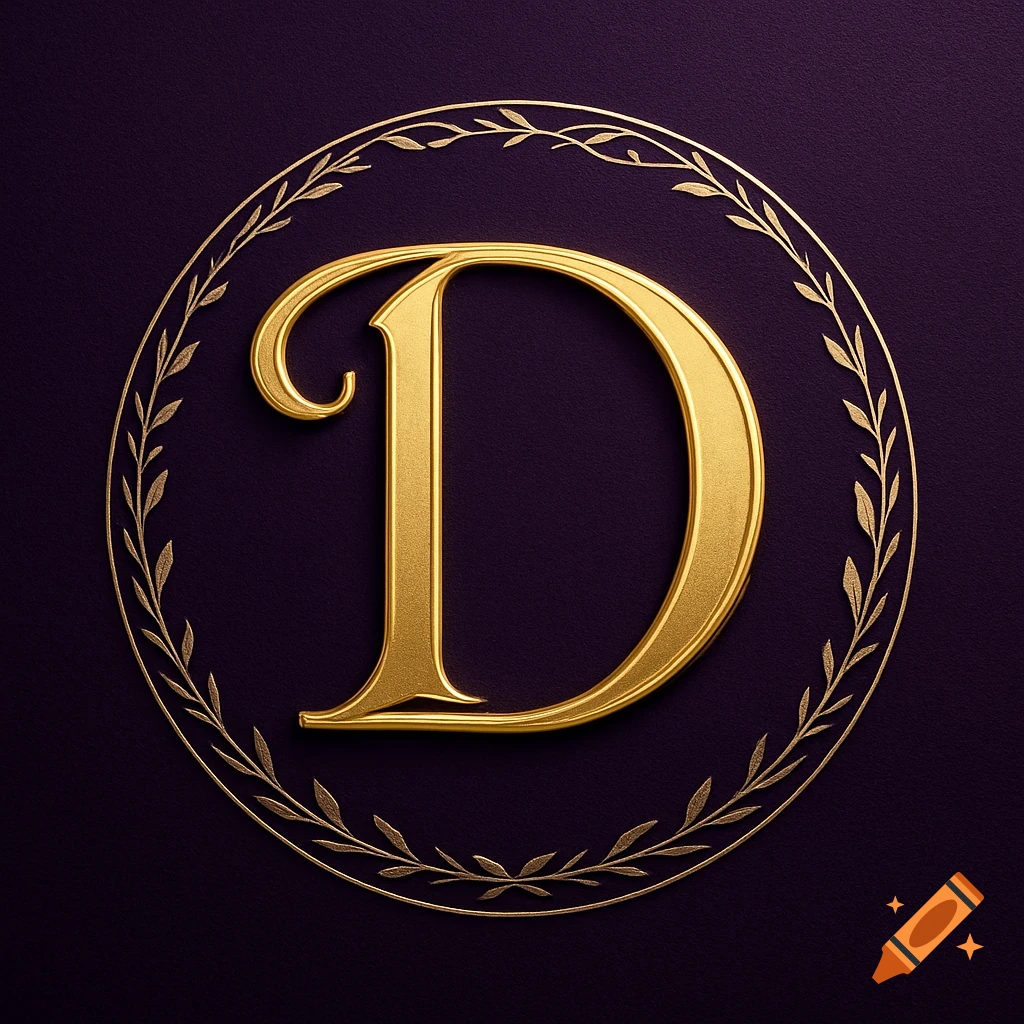 A golden ornate letter D inside a circular gold laurel wreath on a deep purple textured background.