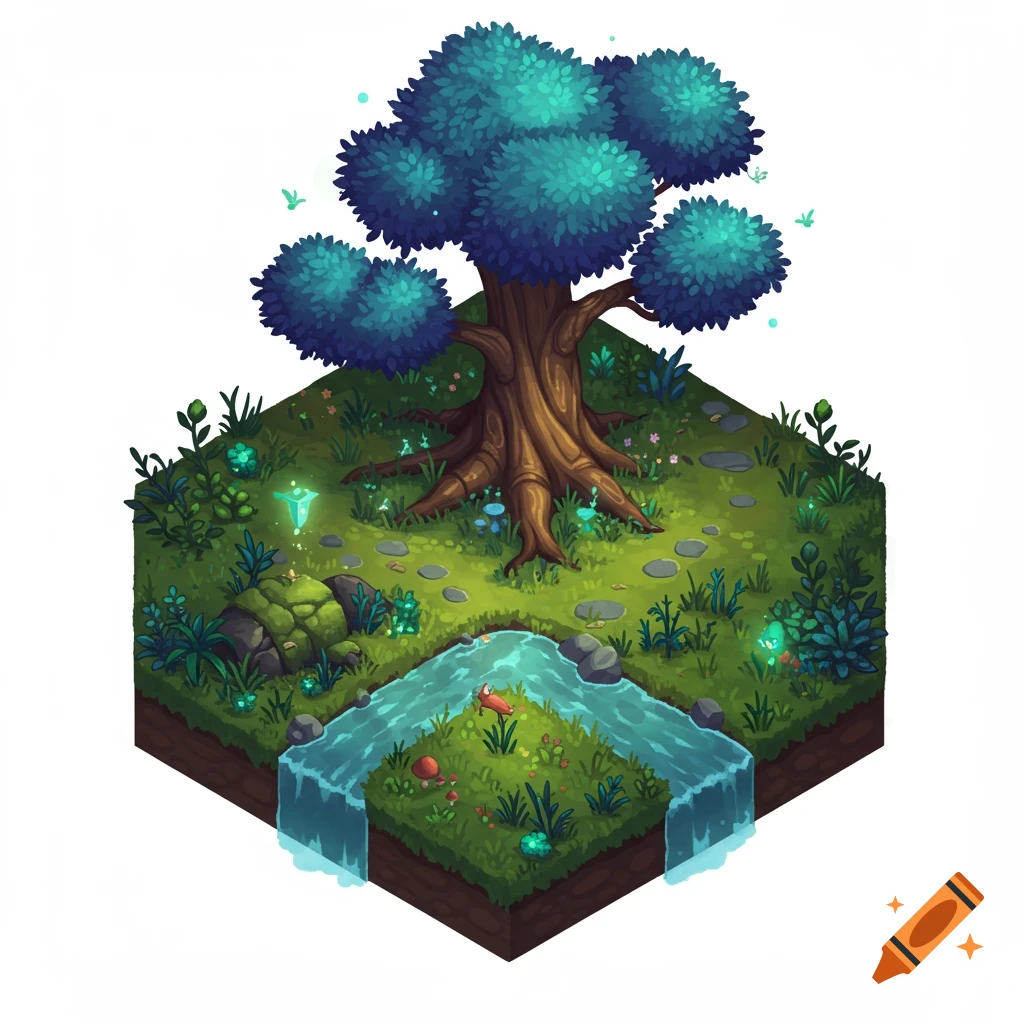 A vibrant isometric fantasy island tile with a large blue-leafed tree, winding river, and glowing flora.