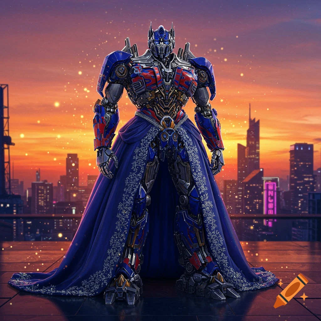 Optimus Prime, a blue and red robot, stands on a rooftop in a flowing blue dress with white floral patterns, overlooking a city skyline at sunset.