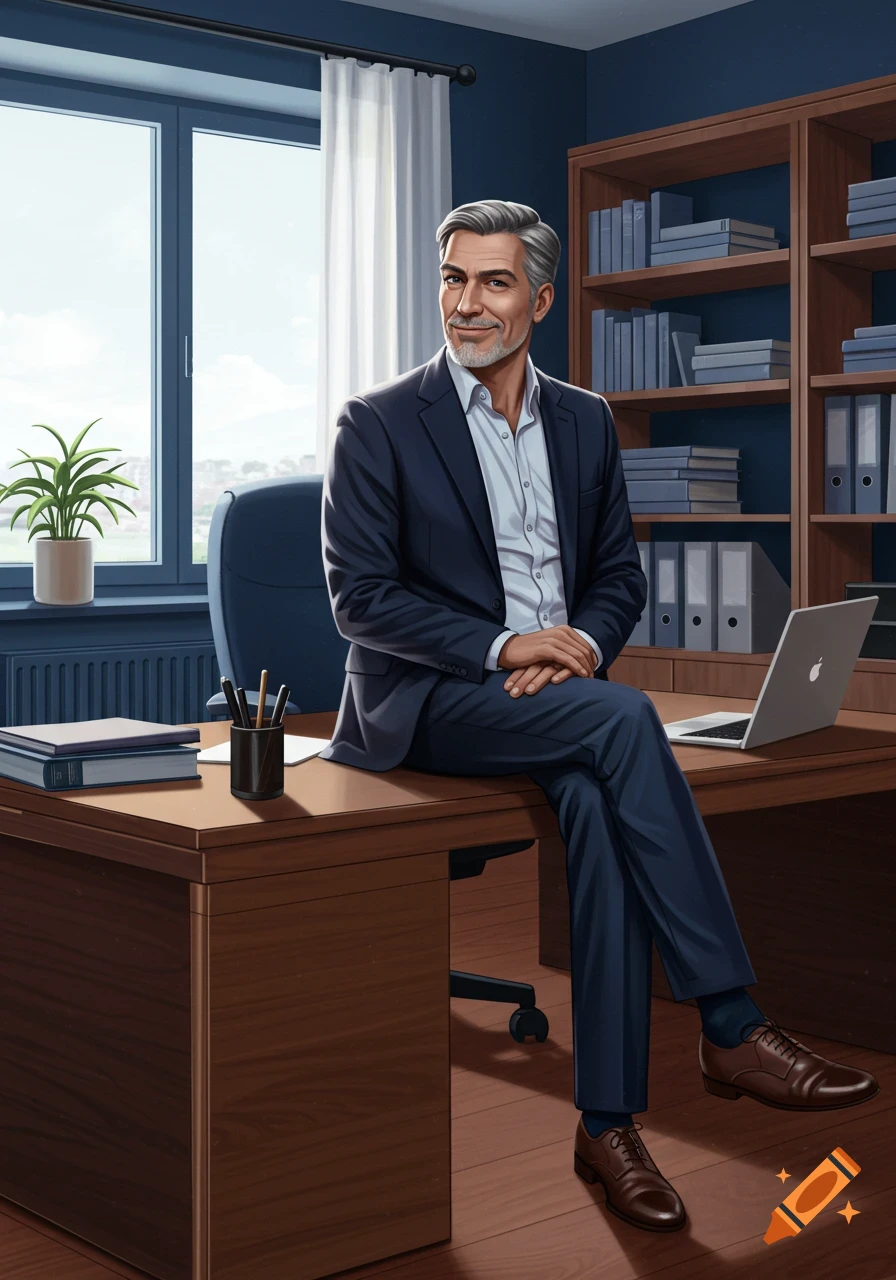 A confident man with gray hair and beard smirking, sitting on a desk in a home office with a laptop. Digital illustration.