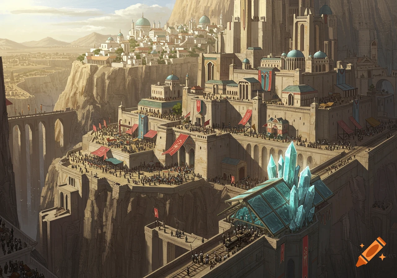 A detailed high-fantasy painting of Usmadalar, a majestic terraced city built into a cliff, with bustling markets, grand architecture, and large blue crystals.