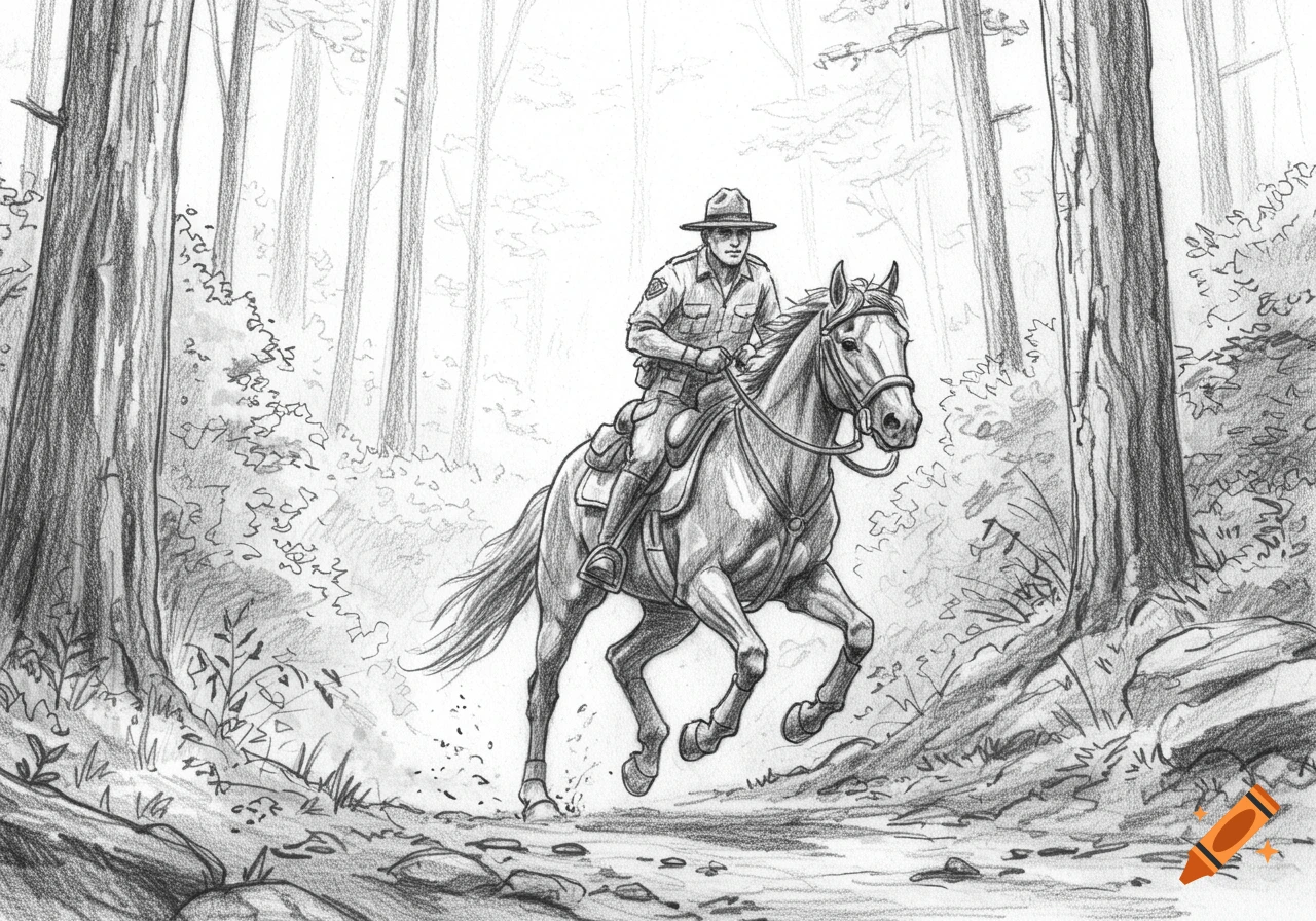 A pencil sketch of a forest ranger on horseback galloping through a dense forest.