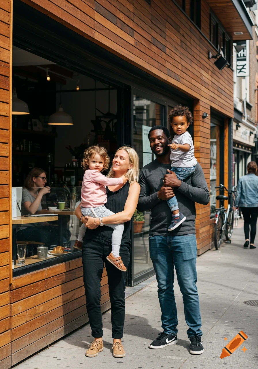 A smiling family, including a mother holding a toddler and a father holding a toddler on his shoulders, stands outside a cafe.