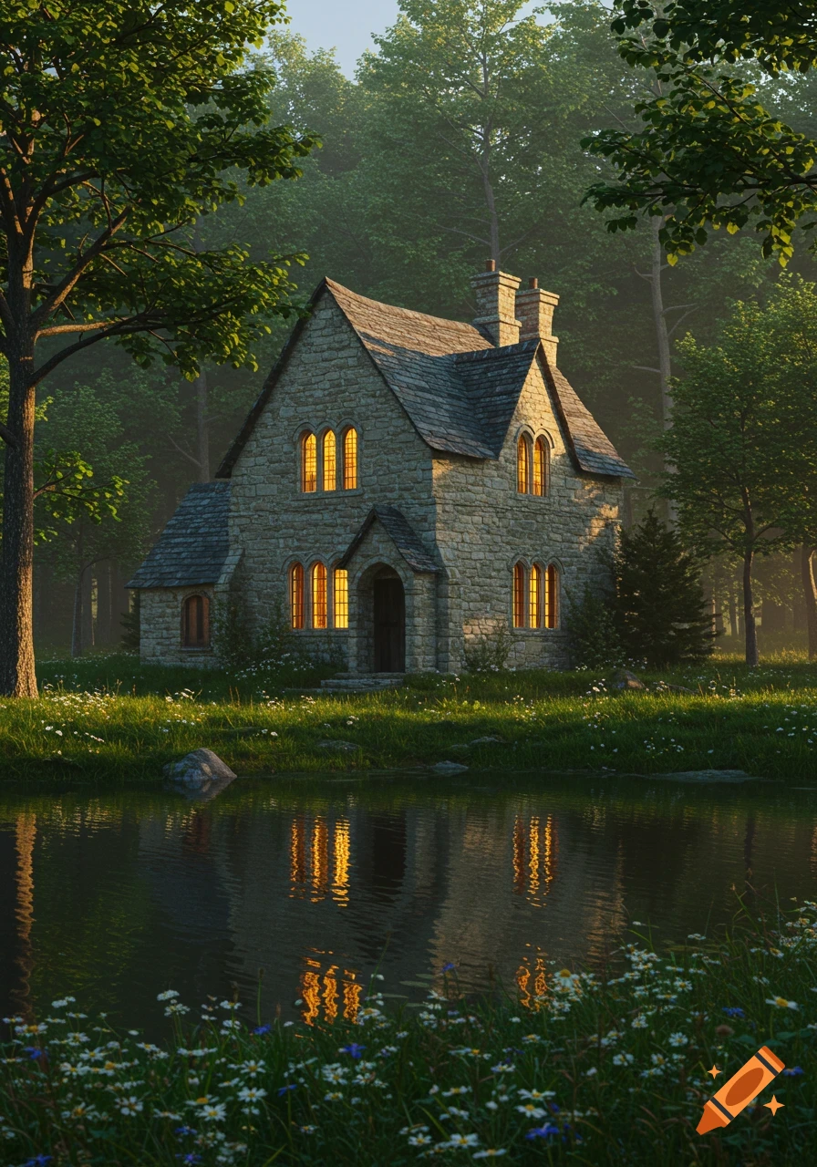 A small English medieval stone house with glowing windows stands by a still lake in a lush, sunlit forest.