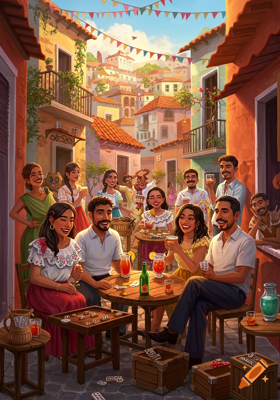 Illustration of people celebrating in a vibrant street, drinking and playing games, with colorful buildings and flags in the background.