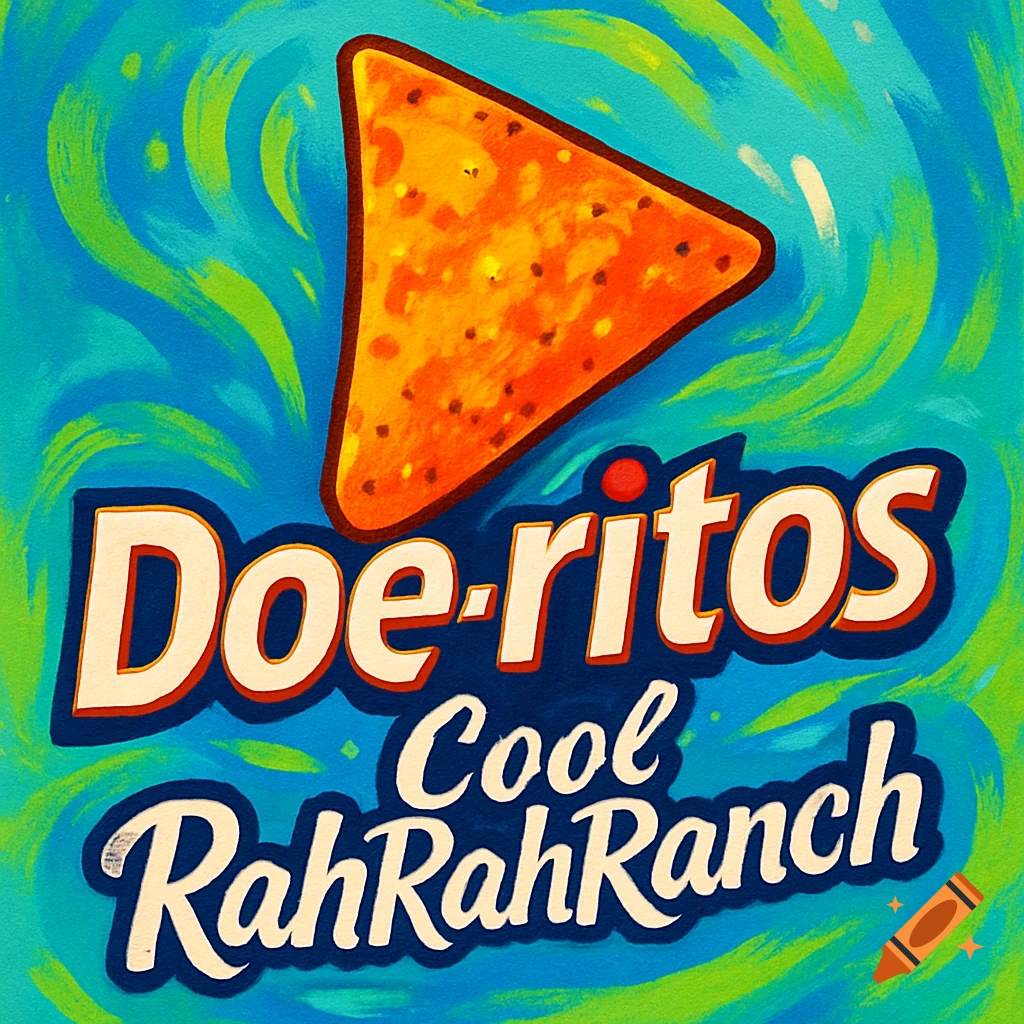 A stylized Doritos chip logo with text 'Doe-ritos Cool RahRahRanch' on a blue and green swirling background, in a painterly style.