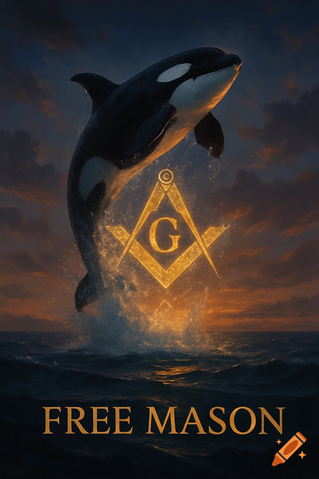 A breaching orca with a glowing Masonic symbol in the ocean at sunset, with 'FREE MASON' text below.