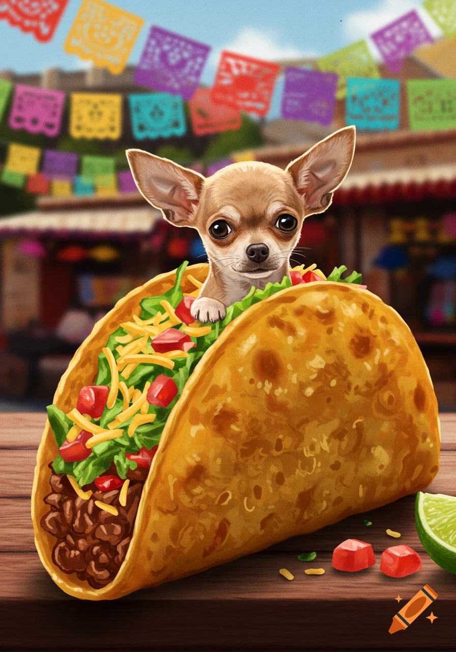 A cute chihuahua puppy emerging from a taco filled with lettuce, cheese, and meat, on a wooden table with festive banners in the background.