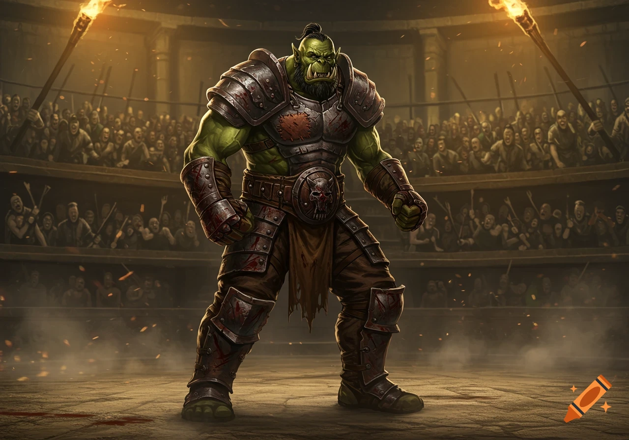 A muscular, green-skinned orc warrior in heavy armor stands in a dimly lit gladiator arena, illuminated by torches, with a large crowd in the background.