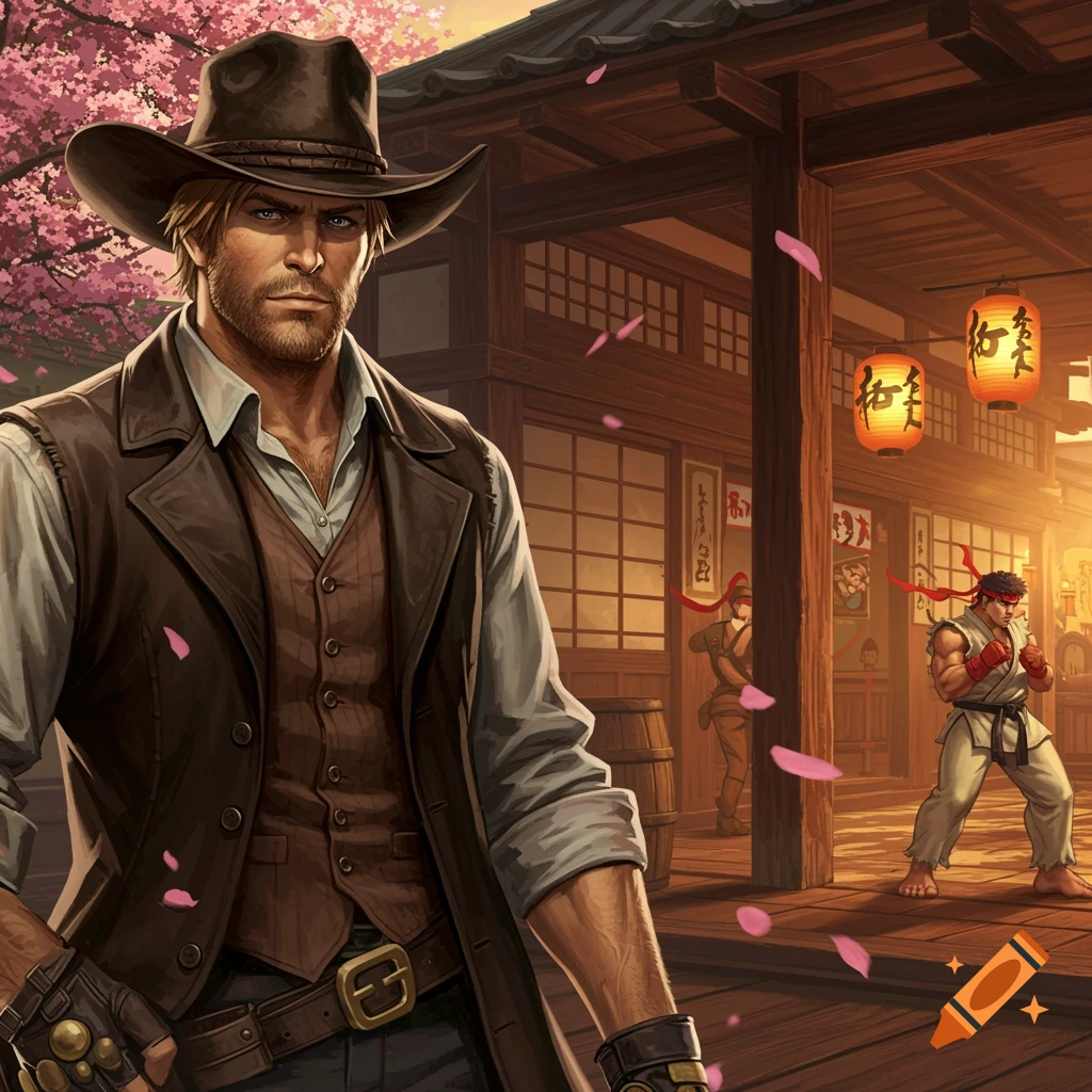 Arthur Morgan in cowboy attire stands in the foreground, with Ryu from Street Fighter in a gi posing in a traditional Japanese village with cherry blossoms.