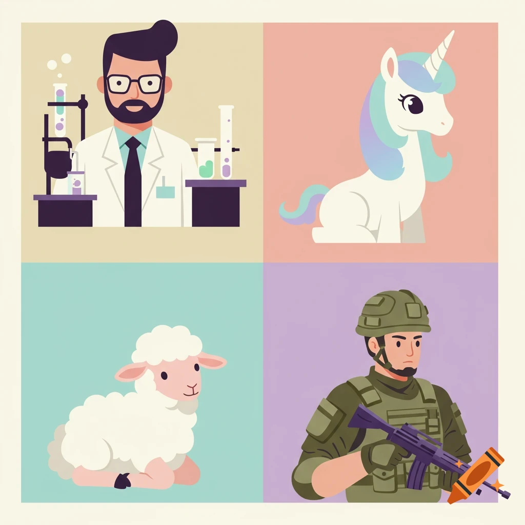 A grid of four illustrations: a scientist, a unicorn, a lamb, and a soldier, in a minimalist style.