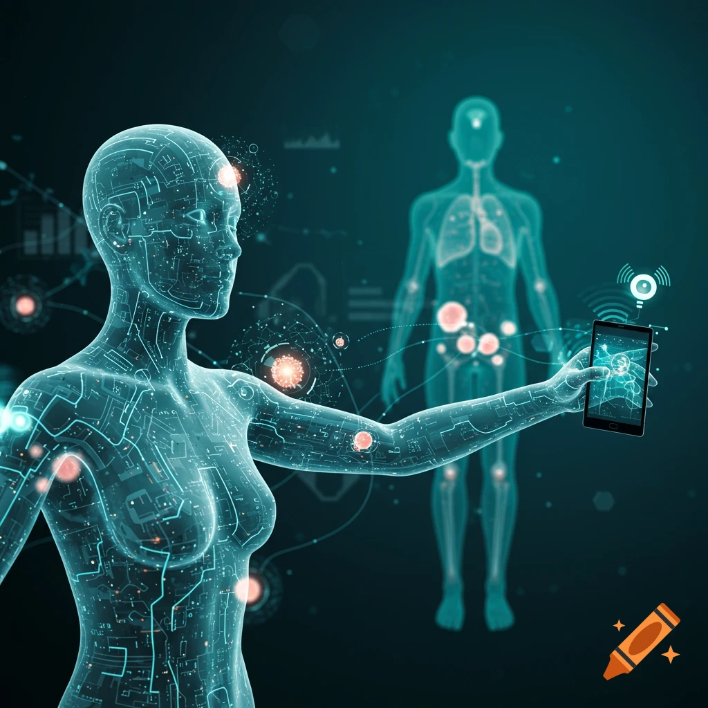 A glowing, transparent human figure made of circuits holds a smartphone, with another figure in the background, illustrating AI and healthcare technology.