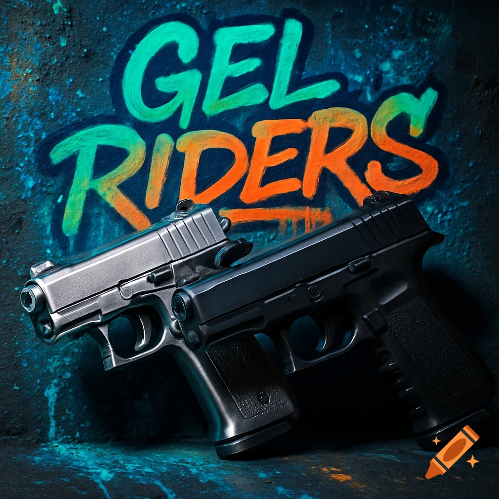 Two gel blasters, one silver and one black, rest against a dark wall with "GEL RIDERS" graffiti in green and orange, in a photorealistic style.