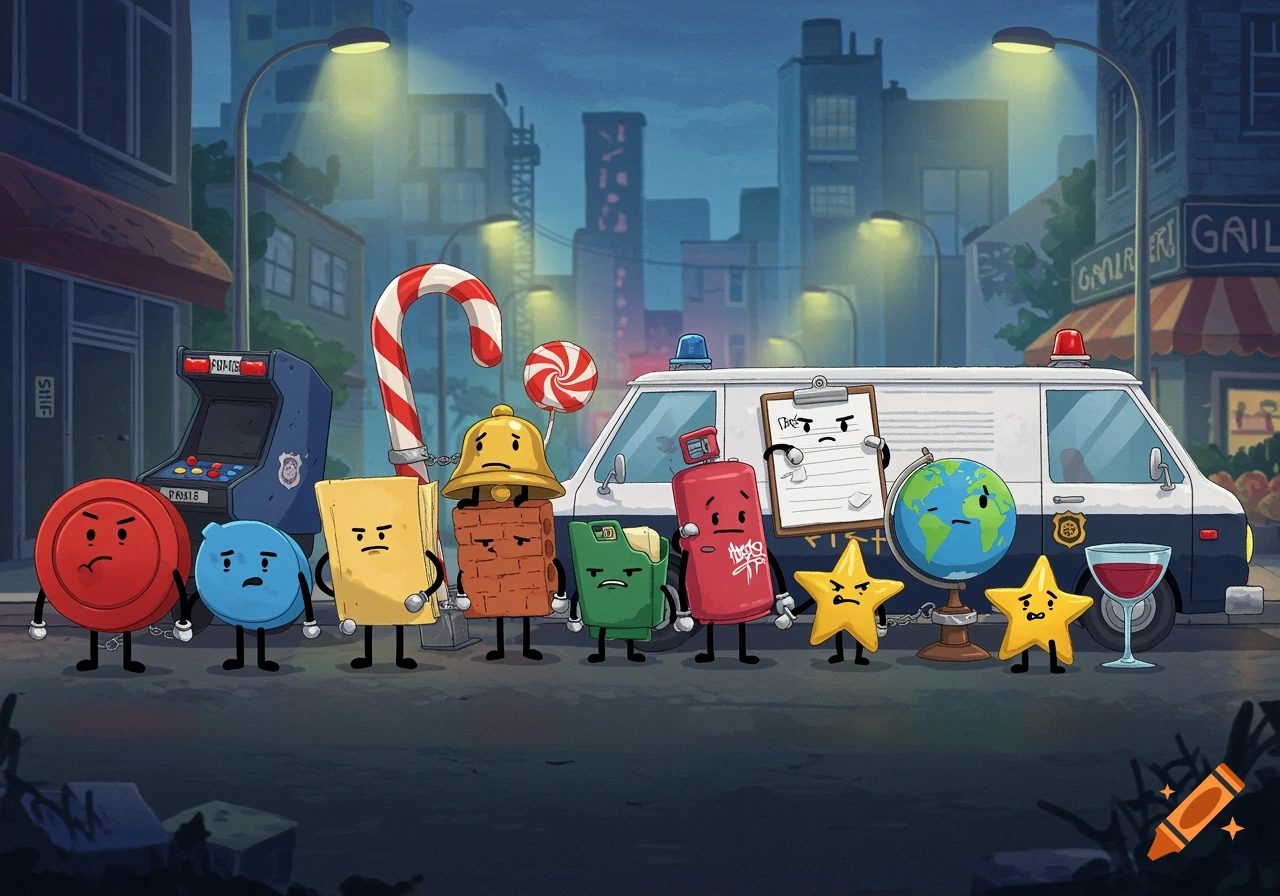 Cartoon objects with faces, arms, and legs, including a red token, blue disk, yellow papers, brick, bell, green folder, red spray paint can, clipboard, globe, and two yellow stars, stand in front of a police van in a city street at night.