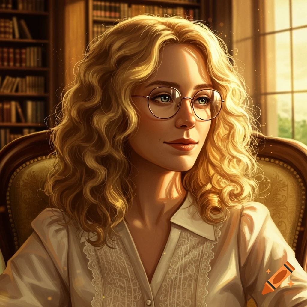 A pretty woman with curly blond hair and glasses sits in a chair in a sunlit library.