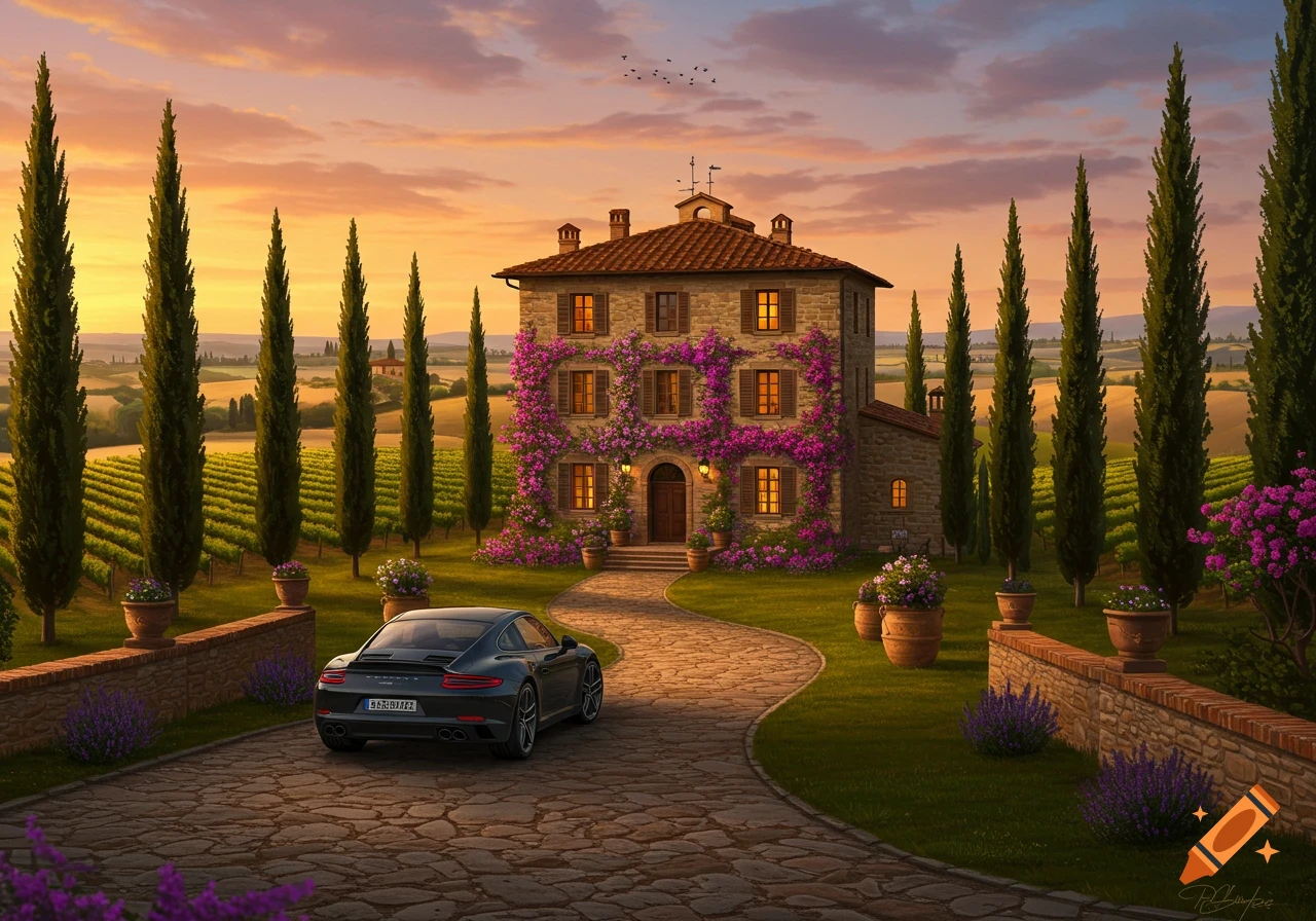 Photorealistic image of a stone mansion covered in purple flowers, surrounded by cypress trees and vineyards, with a black Porsche parked in the driveway at sunset.