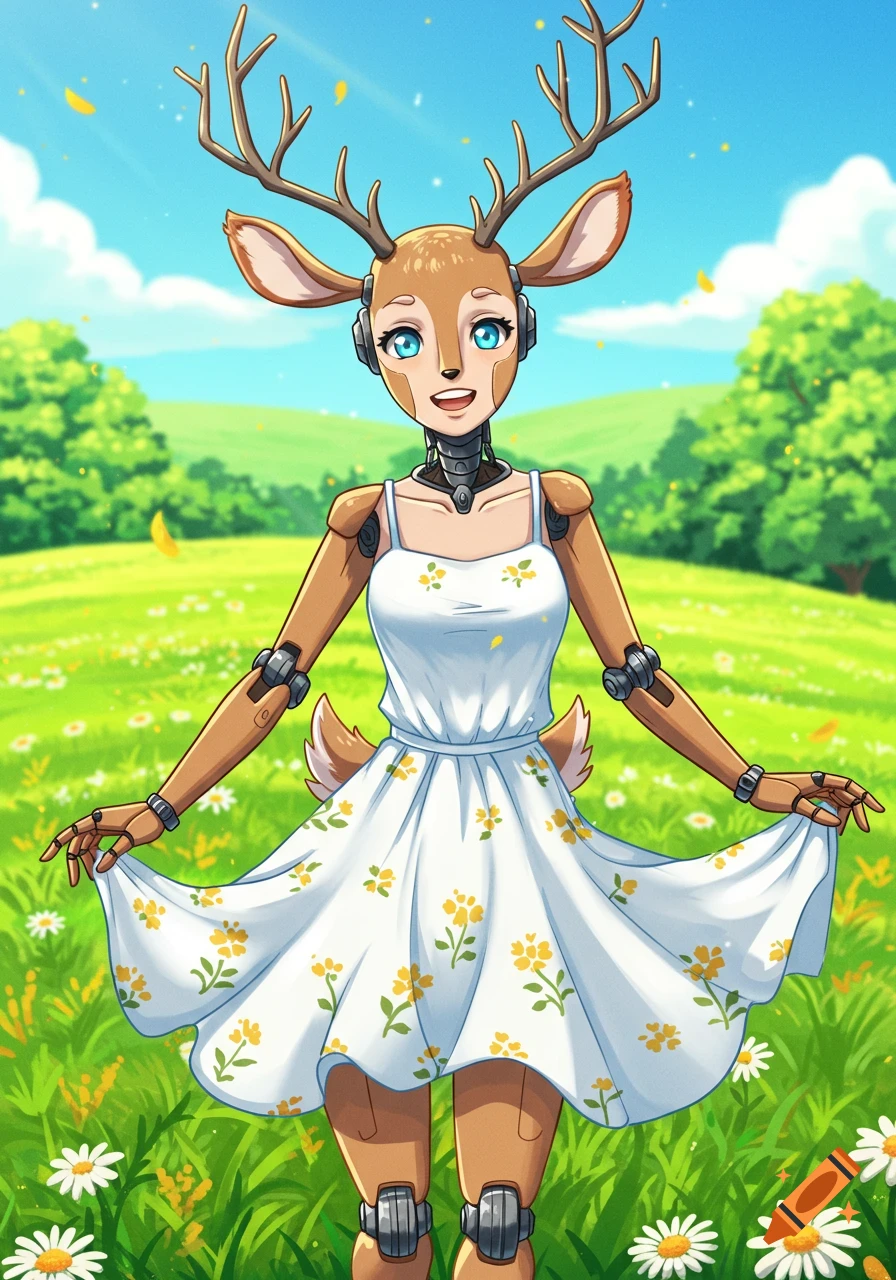 An anime-style robotic anthropomorphic deer girl with blue eyes smiles in a sundress in a sunny flower field.