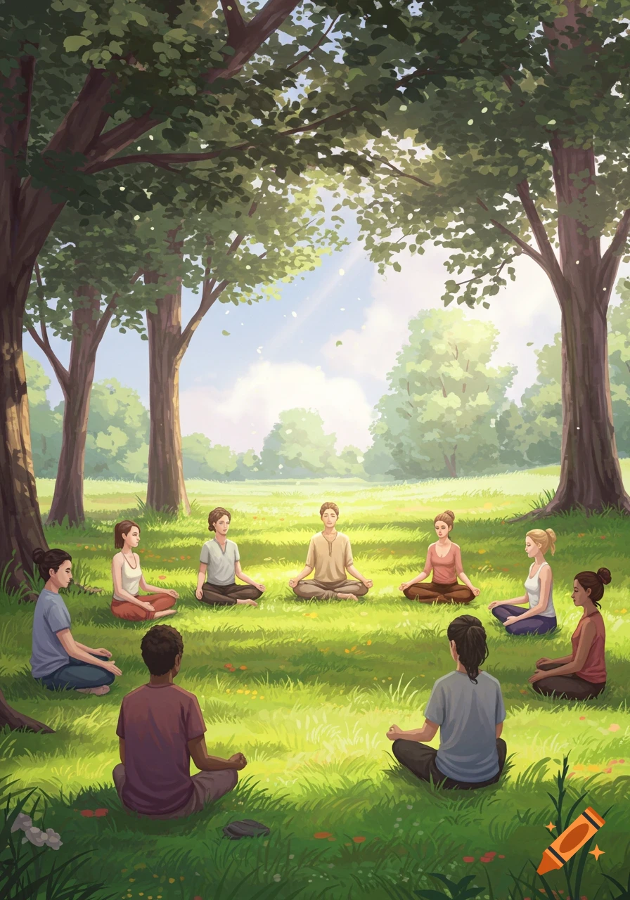 An illustration of a diverse group of people meditating in a circle on a grassy field under a canopy of trees on a sunny day.