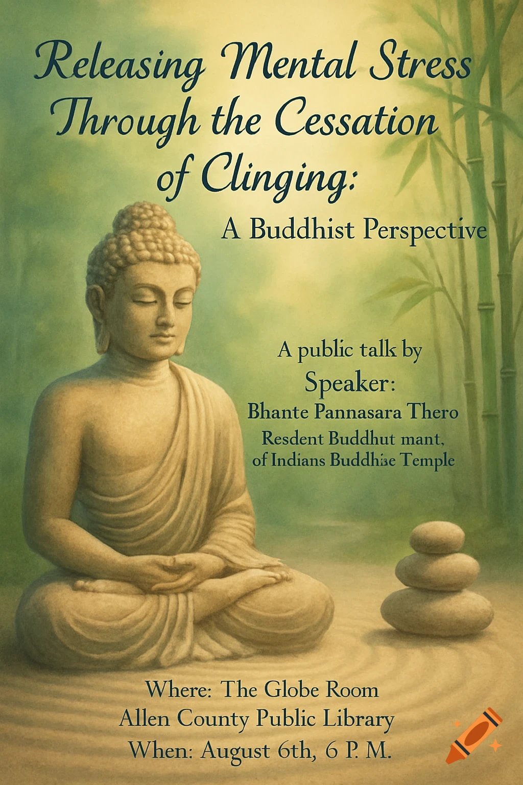 A poster features a serene Buddha statue meditating against a green and gold sky with bamboo stalks. Text about a public talk is overlaid.