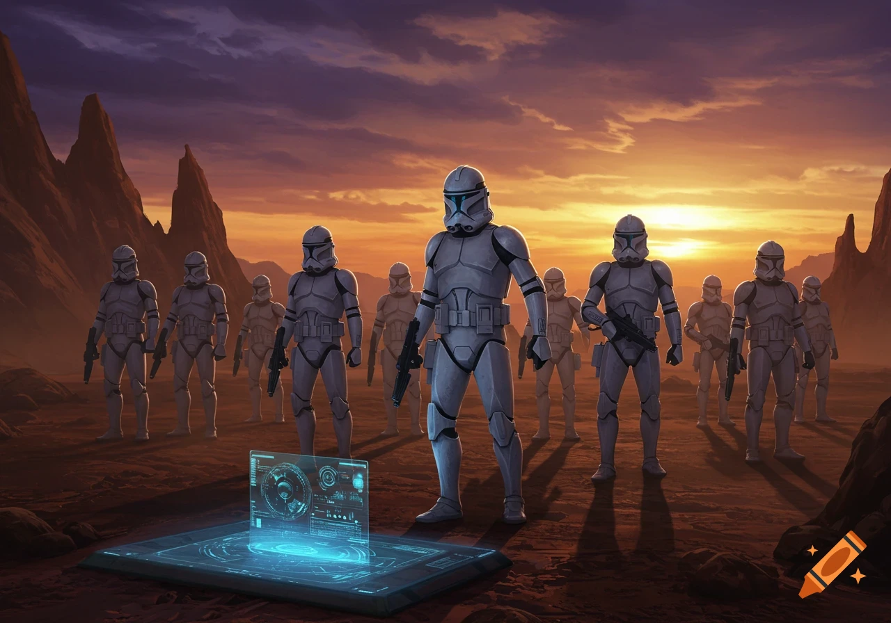 A group of clone troopers in white armor stands on a reddish alien planet at sunset, looking at a glowing blue holographic display.