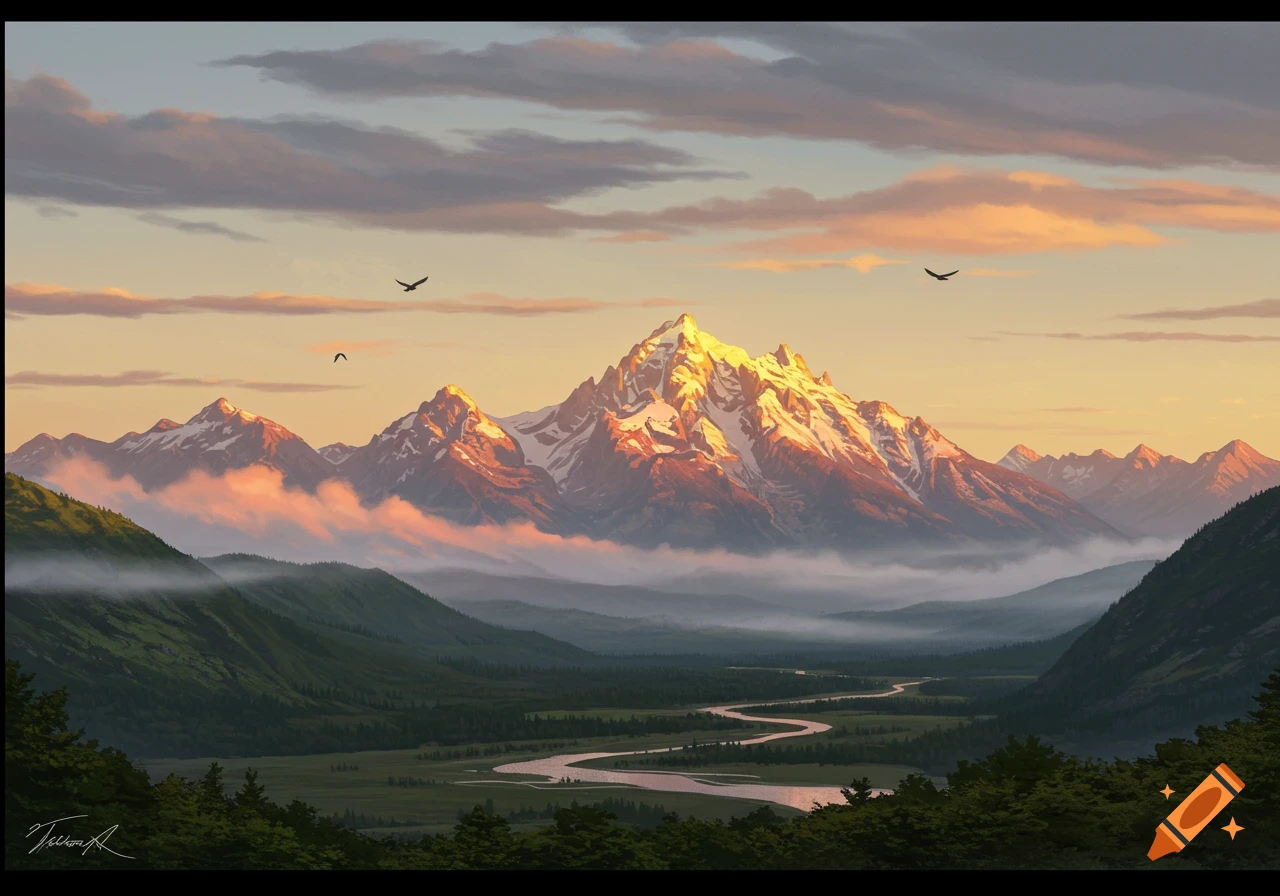 A serene digital painting of a mountain range bathed in golden sunrise light, with a winding river through a misty green valley.