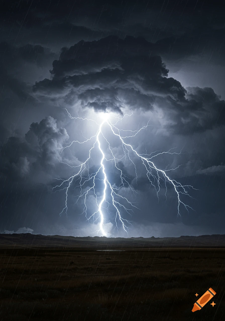 A powerful lightning bolt illuminates dark, stormy clouds over a vast, flat landscape during a heavy rainstorm.