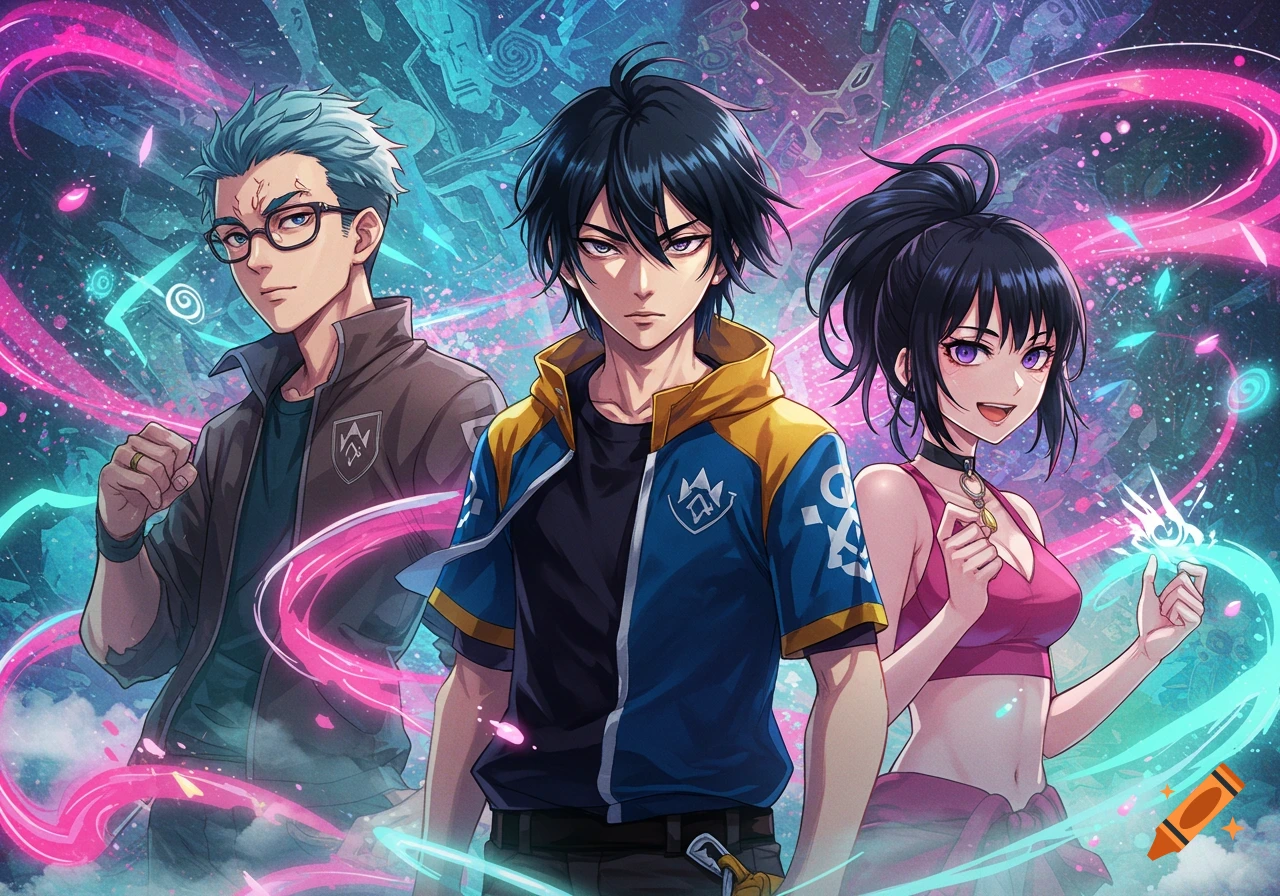 Three anime-style characters, two males and one female, stand with vibrant pink and blue energy streaks around them.