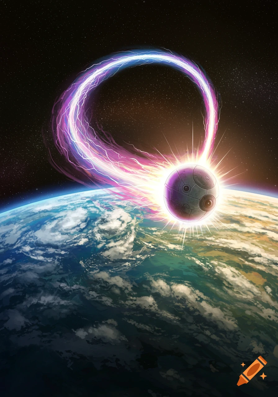 A futuristic pod with a bright energy arc descends into a colorful, cloud-covered planet from space.