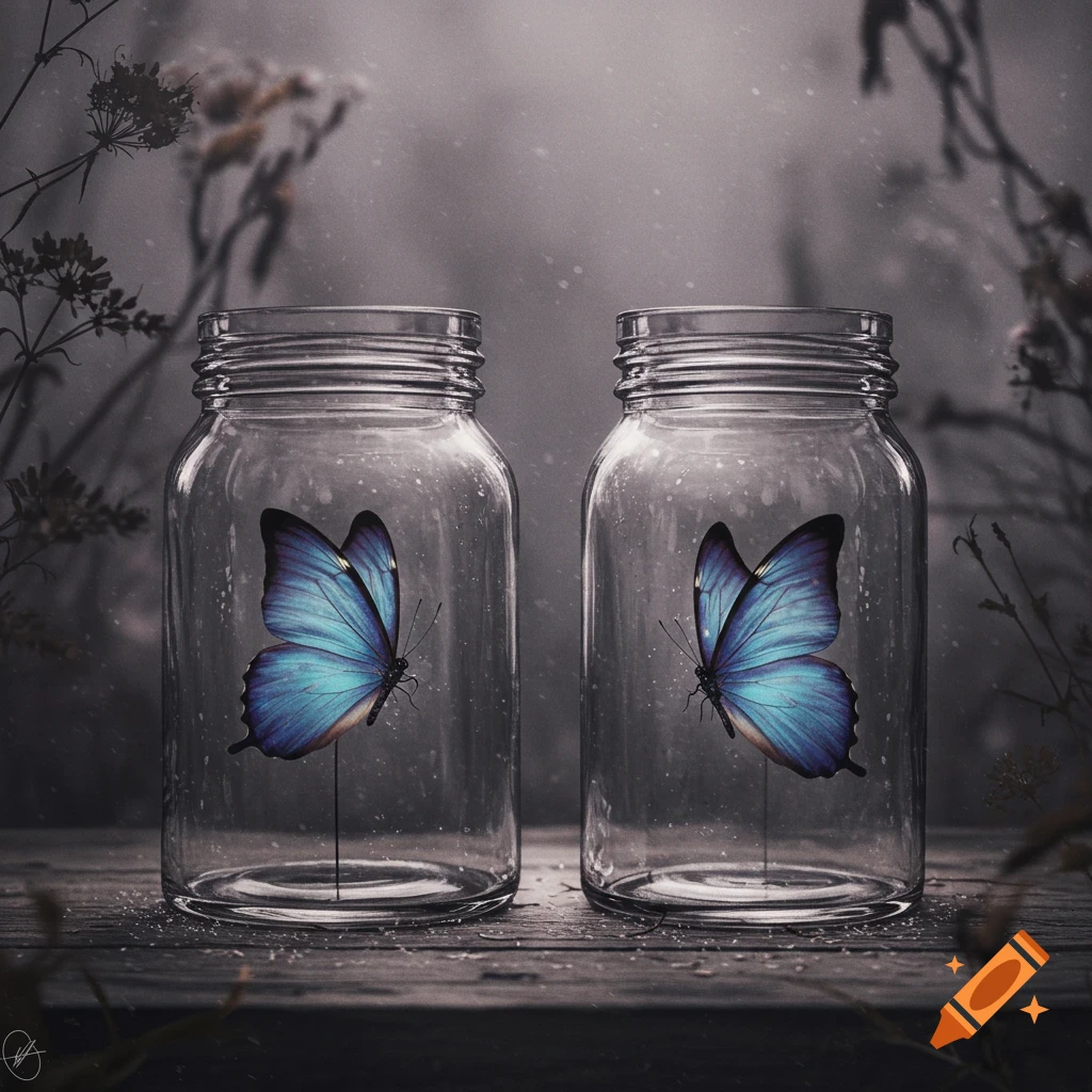 Two vibrant blue butterflies enclosed in clear glass jars on a rustic wooden surface, with a dark, moody background of dried plants.