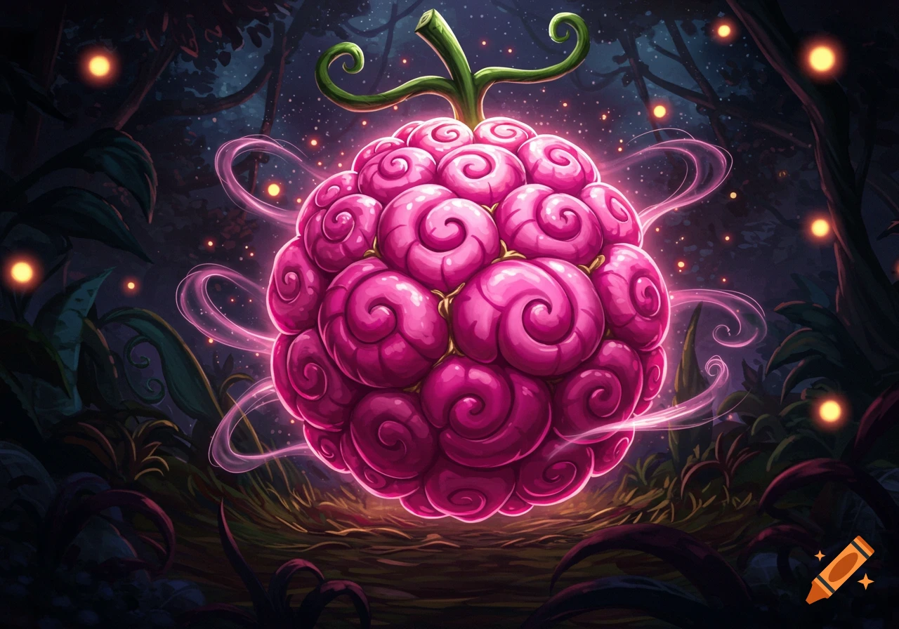 A glowing pink fantasy fruit with a swirly texture and green stem, suspended in a dark, magical forest with glowing orbs.