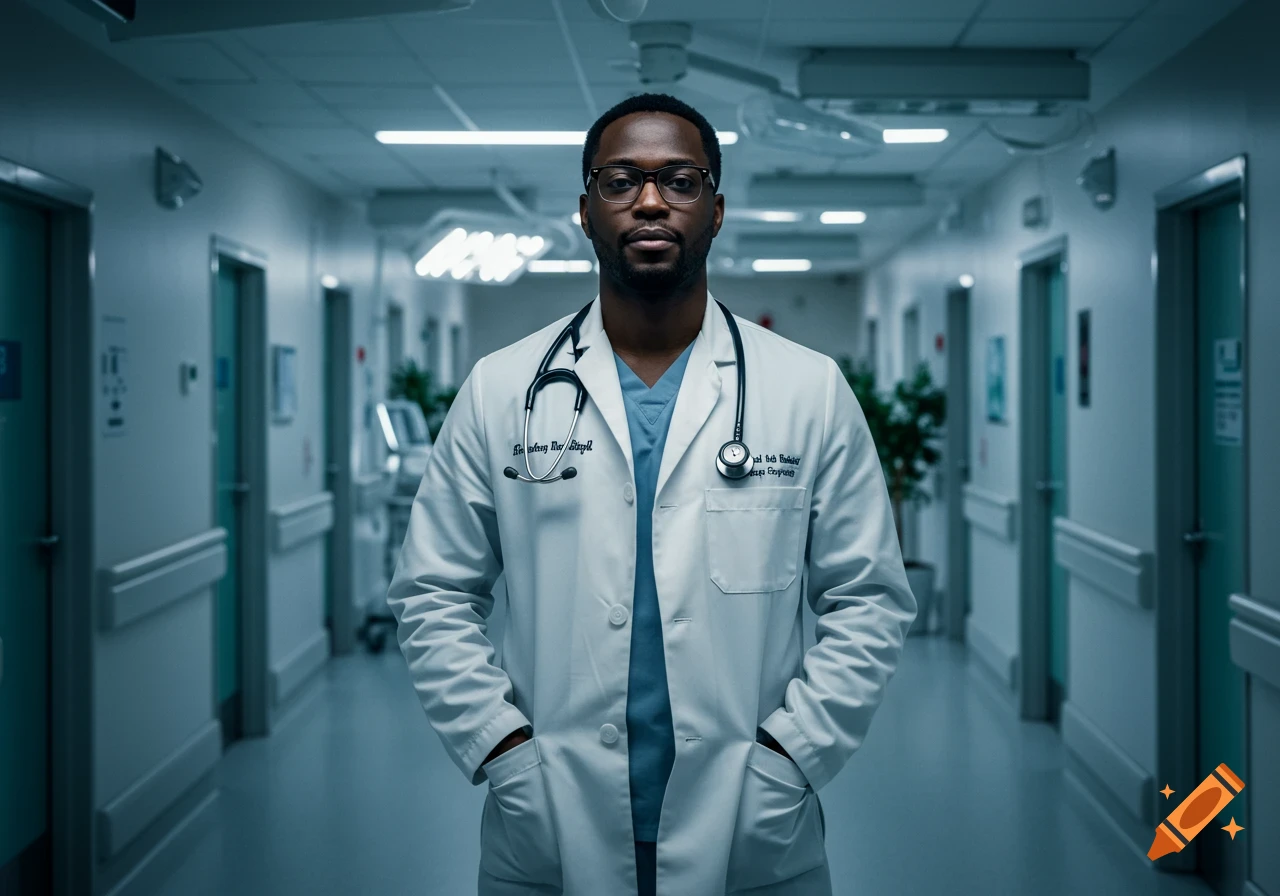 A photorealistic image of a Black male doctor wearing a white coat and stethoscope, standing in a hospital hallway.