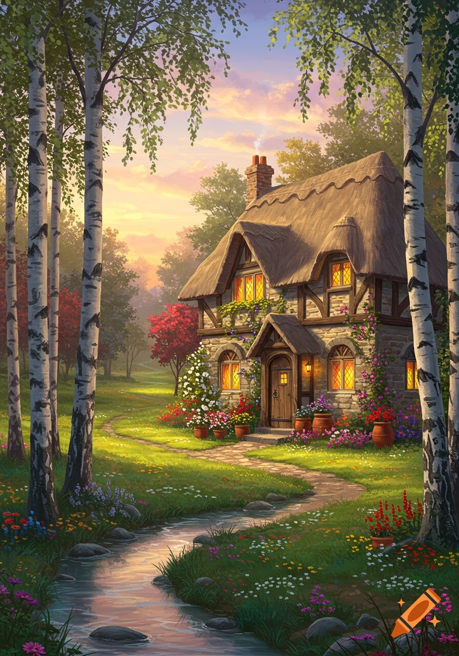 Vibrant illustration of a cozy cottage with a thatched roof, glowing windows, colorful flowers, birch trees, and a stream at sunset.