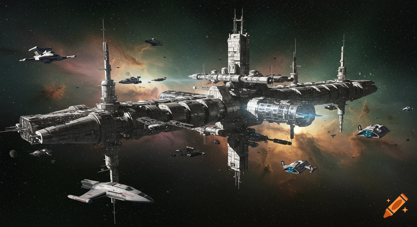 A detailed futuristic starbase resembling the Hubble Space Telescope floats in space, surrounded by several smaller spaceships and nebulae.