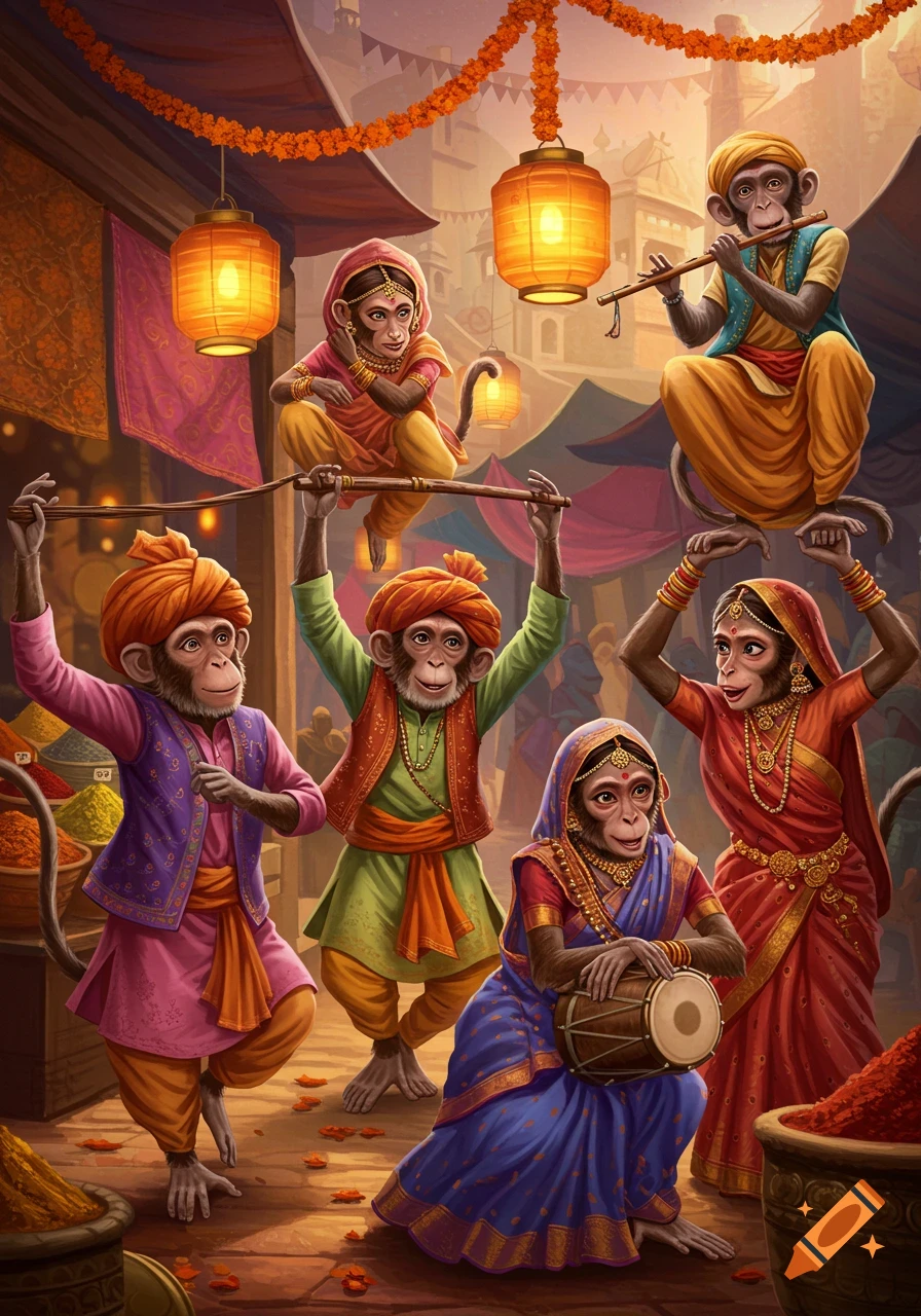 A vibrant illustration of six anthropomorphic monkeys in traditional Indian clothing, dancing and playing music in a festive market.
