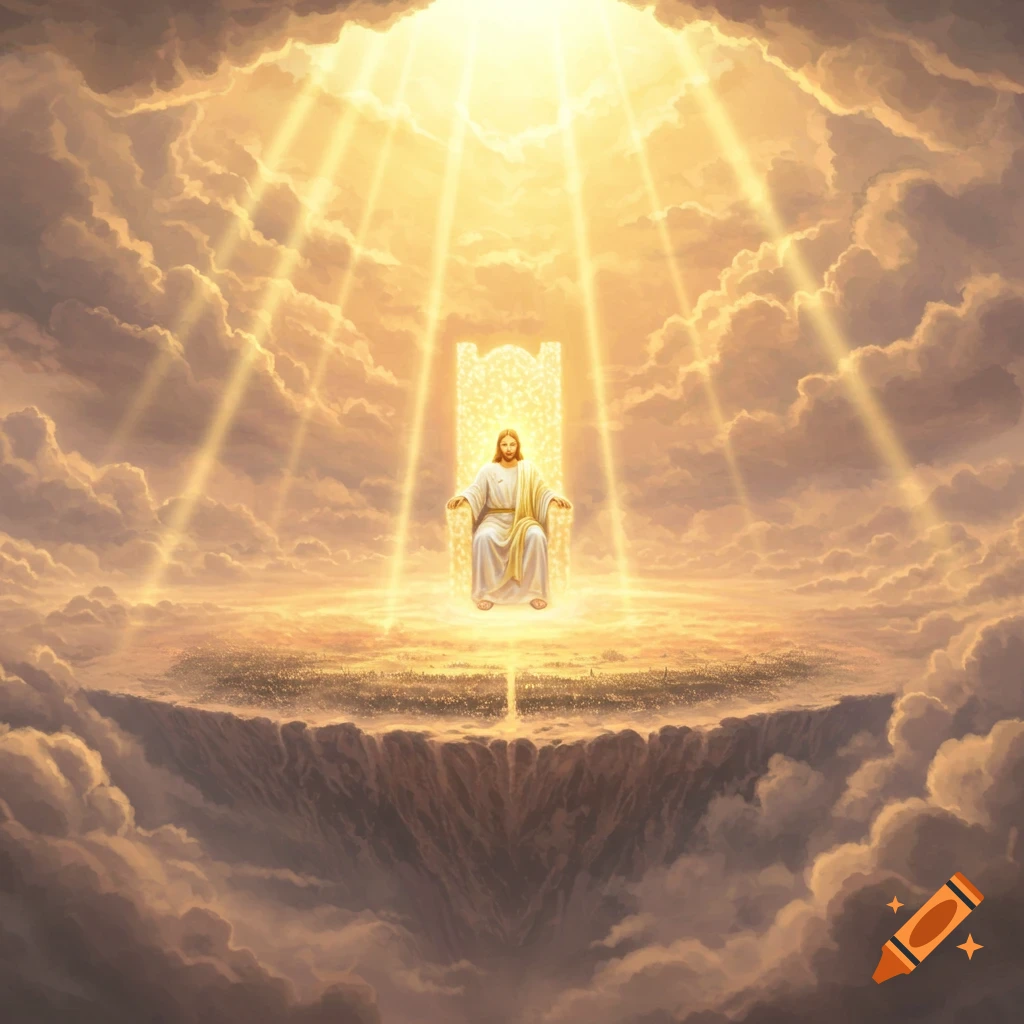 Jesus sits on a radiant golden throne amidst clouds with beams of light shining down.