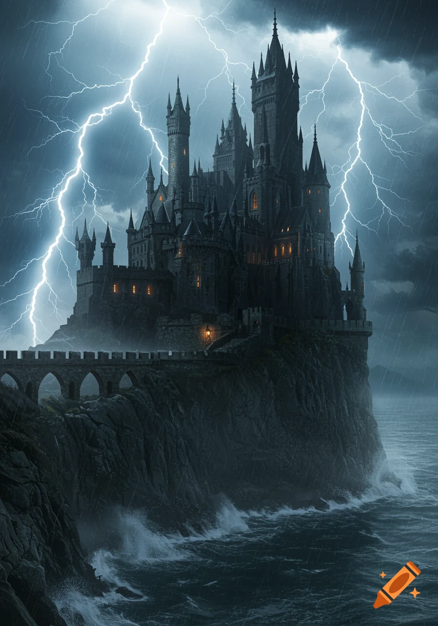 A dark, gothic castle on a cliff overlooking a stormy sea under a sky with bright lightning and heavy rain.