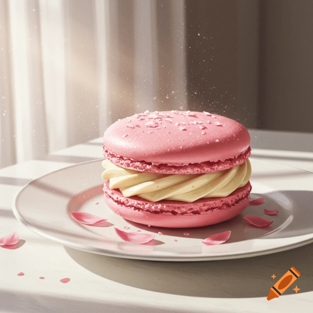 A close-up, photorealistic pink macaron with cream filling on a white plate, surrounded by pink flower petals, bathed in sunlight.