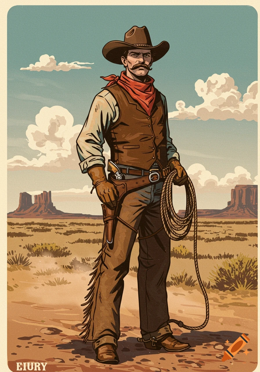Vintage illustration of a cowboy with a mustache holding a lasso in a desert landscape with mesas and clouds.