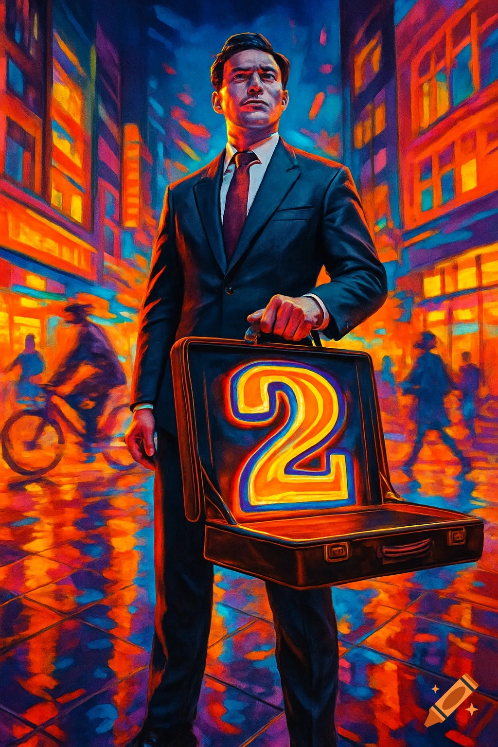 A man in a suit holds a briefcase with a glowing number '2' inside, standing on a vibrant, neon-lit city street in a painterly style.