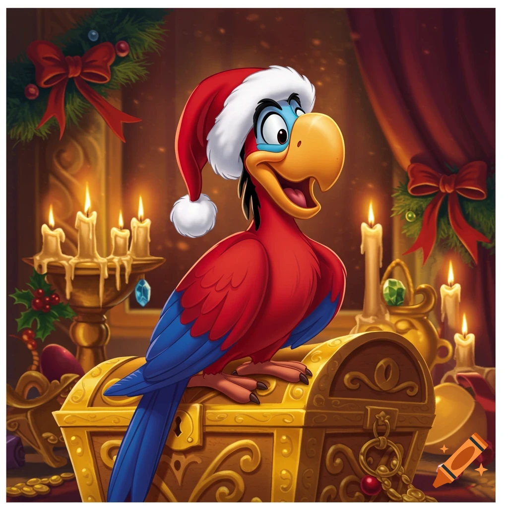 A festive cartoon red parrot wearing a Santa hat sits on a gold treasure chest surrounded by candles and Christmas decorations.