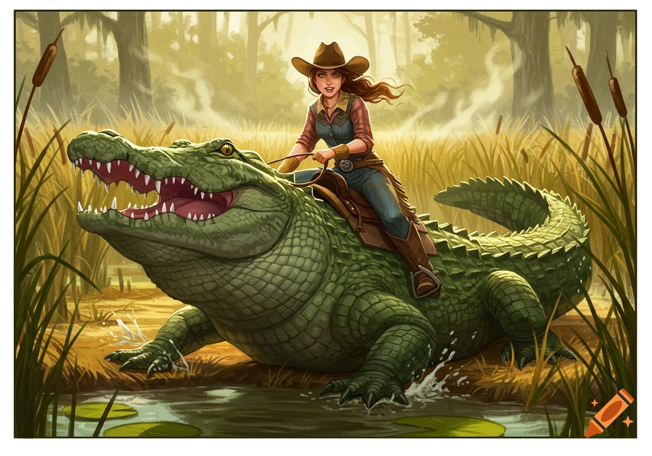 A cowgirl in a swamp rides a large green alligator like a horse, its mouth open, surrounded by tall grass.