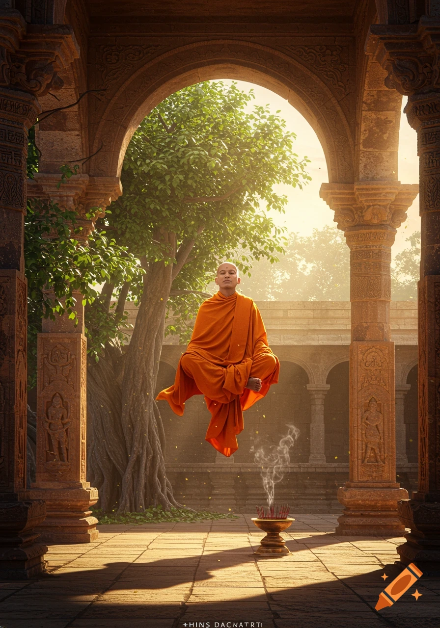 A bald Indian monk in orange robes levitates in a meditative pose in an ancient temple courtyard with trees and arches.