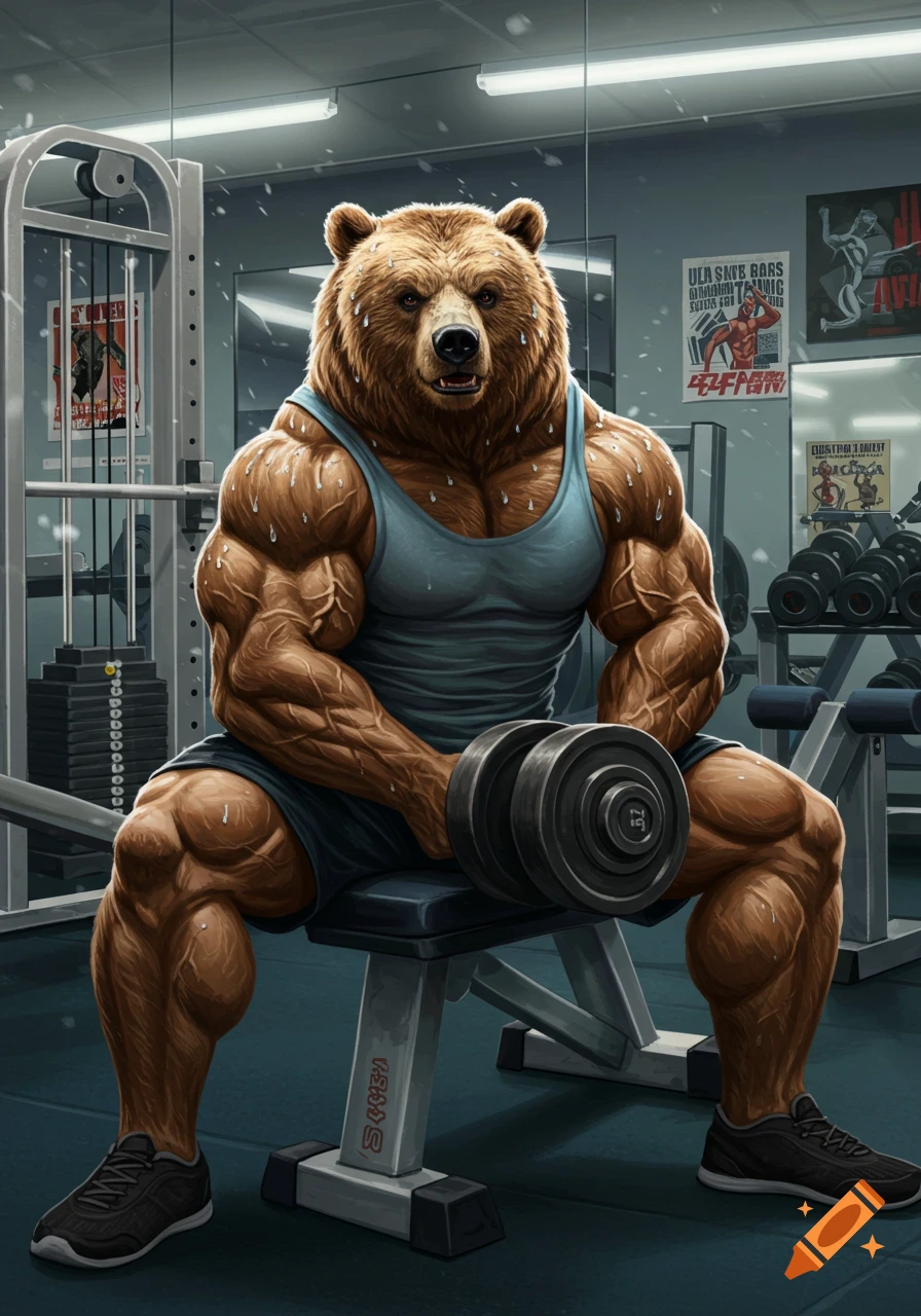 A muscular, anthropomorphic brown bear in a blue tank top sits on a gym bench, holding a dumbbell.