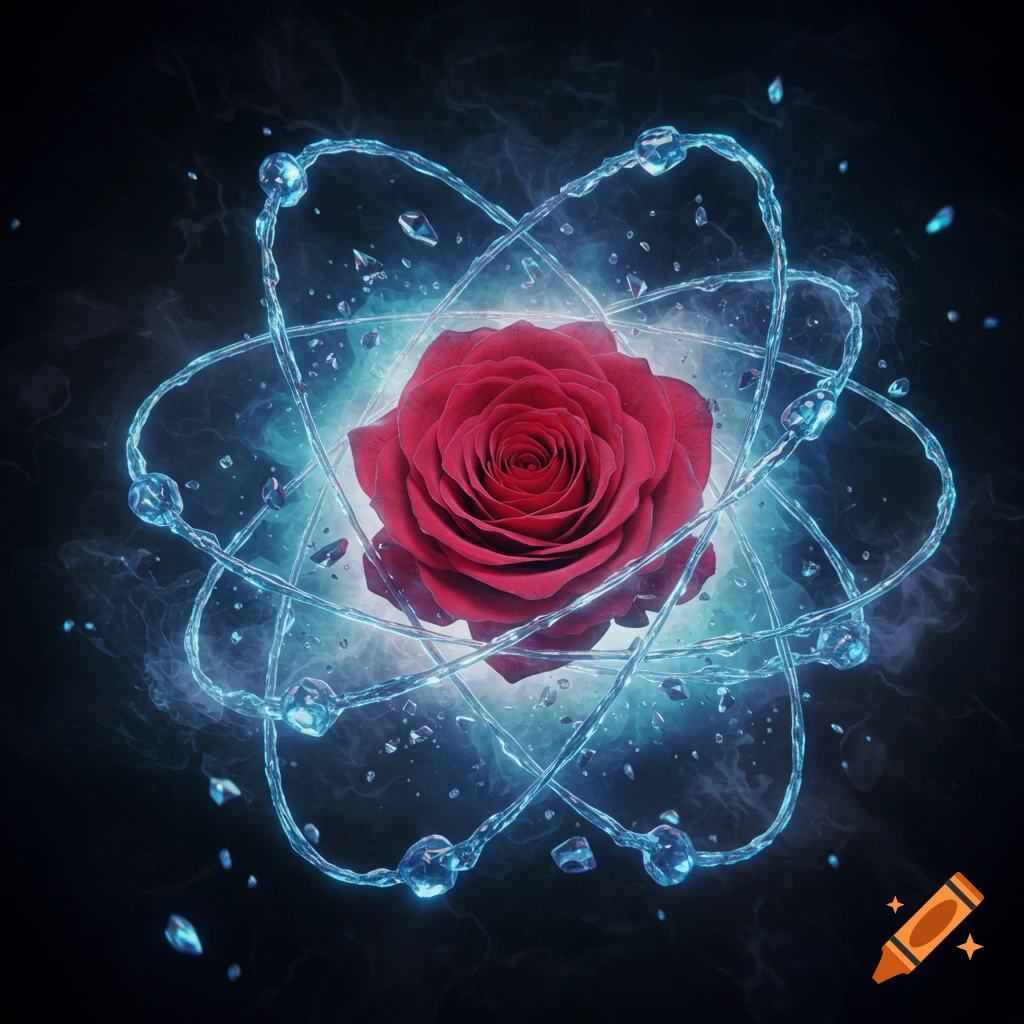 A vibrant red rose at the center of a glowing blue atom-like structure of swirling water and energy against a dark background.