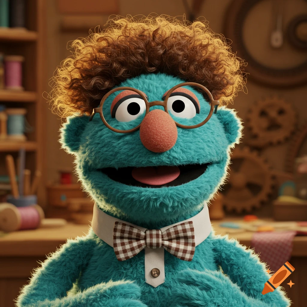 A nerdy blue puppet with curly brown hair, glasses, and a bow tie smiles in a workshop.