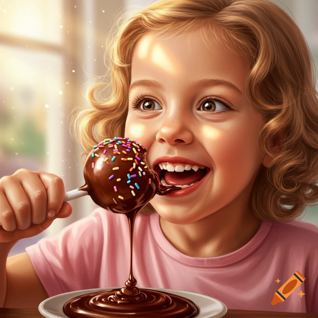 A happy young girl bites into a chocolate cake pop with sprinkles, chocolate dripping onto a plate below.