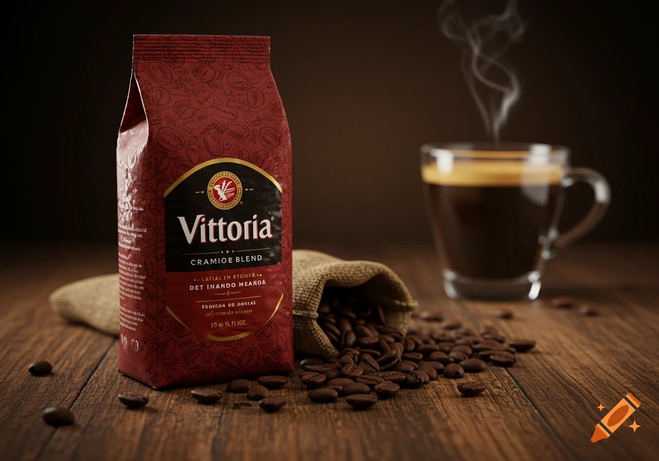 Photorealistic image of a red Vittoria coffee bag standing on a wooden surface with coffee beans spilled around it and a steaming cup of coffee in the background.