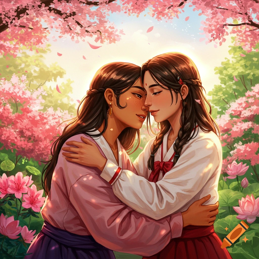 Two women with long dark hair embrace amongst pink cherry blossoms and lotus flowers in a warm, illustrated style.