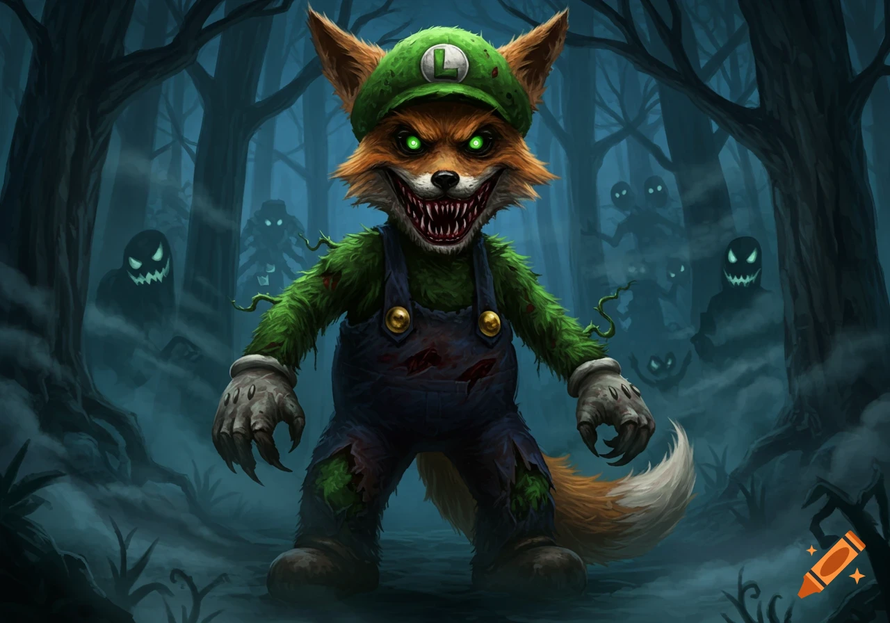 A terrifying fox creature in a torn Luigi costume with glowing eyes stands in a spooky, misty forest with ghostly figures in the background.